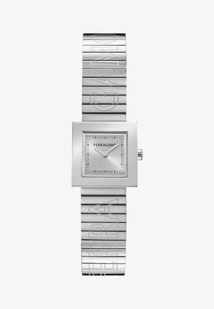 Silberner Edelstahlarmbanduhr mit quadratischem Ziffernblatt, graviertem Armband und strukturiertem silbernen Ziffernblatt mit Stundenmarkierungen und Zeigern.