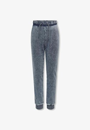 Niebiesko-szare spodnie dresowe z efektem prania kwasowego, z elastycznym paskiem w talii, sznurkiem do ściągania i ściągaczami przy kostkach.