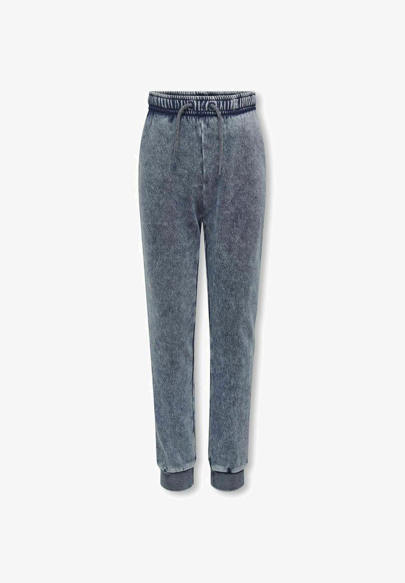 Modré sivošedé jogger nohavice s efektom acid wash, elastickým pásom, šnúrkami a rebrovanými manžetami na členkoch.