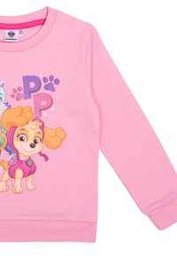 Felpa rosa chiaro con personaggi di cani in stile cartone animato dai colori vivaci, accompagnati da impronte di zampe e scritte. Realizzata in tessuto morbido e con maniche lunghe.