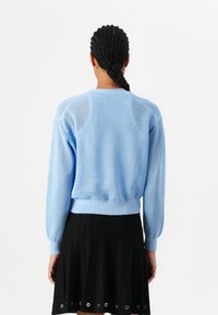 Ljusblå meshtröja med ribbade ärmslut och nederkant. Modell som bär en plisserad svart kjol med metallöljettaccents. Bakvy visas.