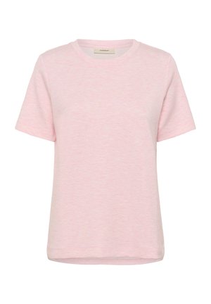 Mäkké ružové tričko s krátkym rukávom a okrúhlym výstrihom, s jemne melírovanou textúrou, zobrazené na jednoduchom bielom pozadí.