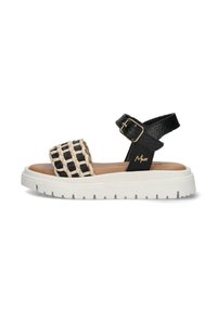 Zwart-witte geweven sandalen met een gestructureerde leren band, verstelbare gesp en een witte platformzool met een loopvlakpatroon.