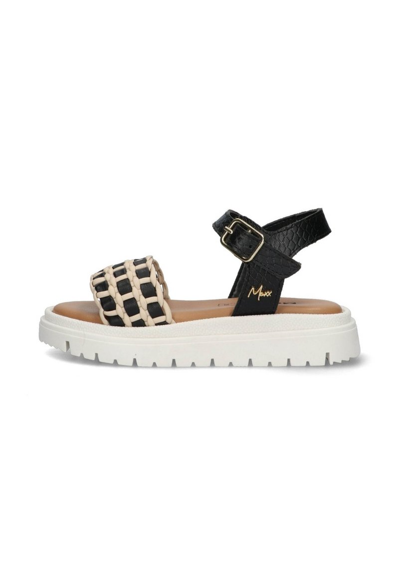 Zwart-witte geweven sandalen met een gestructureerde leren band, verstelbare gesp en een witte platformzool met een loopvlakpatroon.