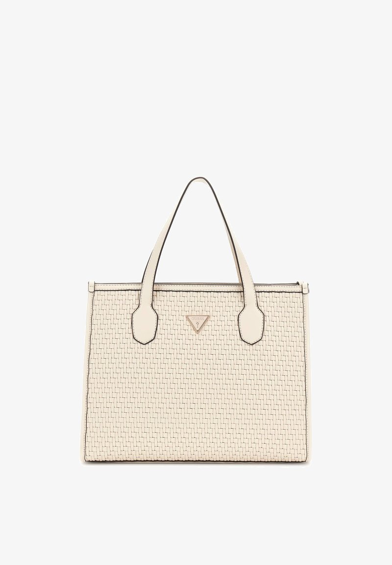 Beige geweven handtas met stevige handvatten, contrasterende zwarte stiksels en een driehoekig logo aan de voorkant. Ritsluiting bovenaan.