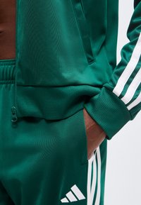 Άτομο που φοράει πράσινο αθλητικό σετ Adidas, με το χέρι στην τσέπη, εμφανίζοντας τις λευκές χαρακτηριστικές ρίγες και το λογότυπο της Adidas.