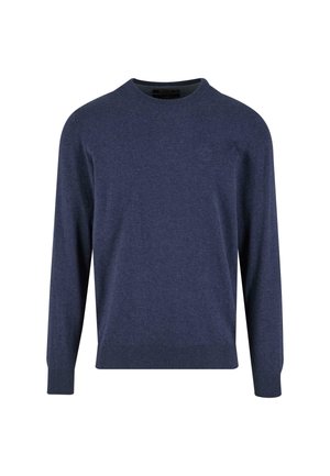 Pulover tamno plave boje izrađen od mekanog pletiva. Ima okrugli izrez, duge rukave i rebraste manžete. Diskretni logotip na prsima.