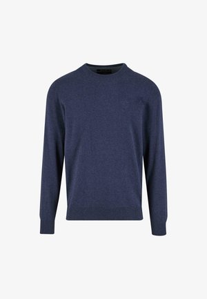 Pull-over bleu marine en tricot doux. Il dispose d'un col rond, de manches longues et de poignets côtelés. Logo discret sur la poitrine.