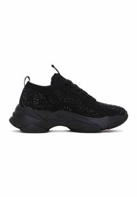 Black athletic sneaker with a knitted upper, featuring small sparkly embellishments, a rounded toe, and a textured rubber sole.