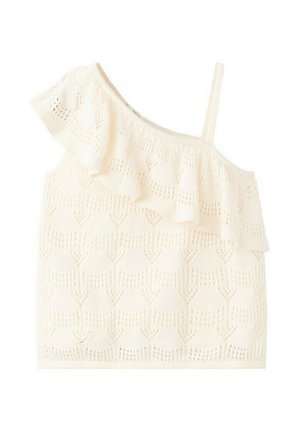 Haut pour femme tricoté de couleur crème avec un volant sur une épaule et une fine bretelle unique sur le côté opposé, présentant un motif ajouré.