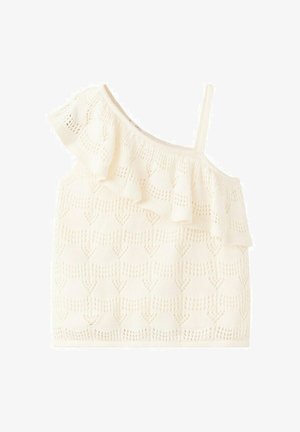 Haut pour femme tricoté de couleur crème avec un volant sur une épaule et une fine bretelle unique sur le côté opposé, présentant un motif ajouré.