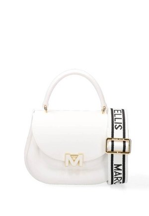 Sac à main blanc avec poignée supérieure et fermoir doré "M", accompagné d'une large bandoulière blanche et noire avec texte "Marc Ellis".