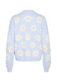 Gaiši zils adīts džemperis ar teksturētām baltām ziedu aplikācijām visā virsmā. Apaļš kakla izgriezums un ribotas piedurknes un apakšmala.