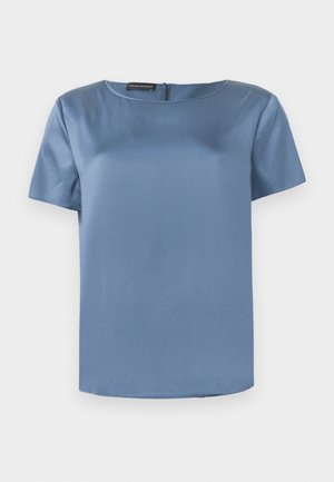 Blue satin short-sleeve blouse with a square neckline and back zipper. Smooth texture and slightly loose fit.