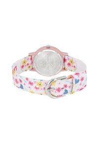 Armbanduhr mit einem Gehäuse aus roségoldfarbenem Edelstahl und einem Stoffarmband im Blumenmuster. Silberne Schnalle und glatt strukturiertes Armband.