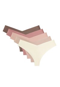 Sechserpack Damen-Thong-Unterwäsche in verschiedenen Brauntönen und Rosa. Das Material wirkt glatt mit einem leichten Glanz und hat ein V-förmiges Design.