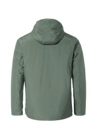 Giacca verde leggera con cappuccio, caratterizzata da una superficie liscia e senza chiusure o motivi visibili; vista da dietro.