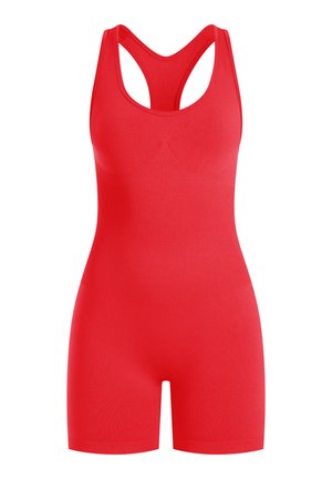 Tutina sportiva rossa con design aderente, spalline a racerback e texture liscia. Lunghezza corta, con finitura senza cuciture in tutto il capo.