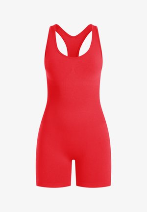 Rote Sporteinheit mit einer engen Passform, Racerback-Trägern und glatter Textur. Kurze Länge, mit nahtlosem Finish auf der ganzen Fläche.