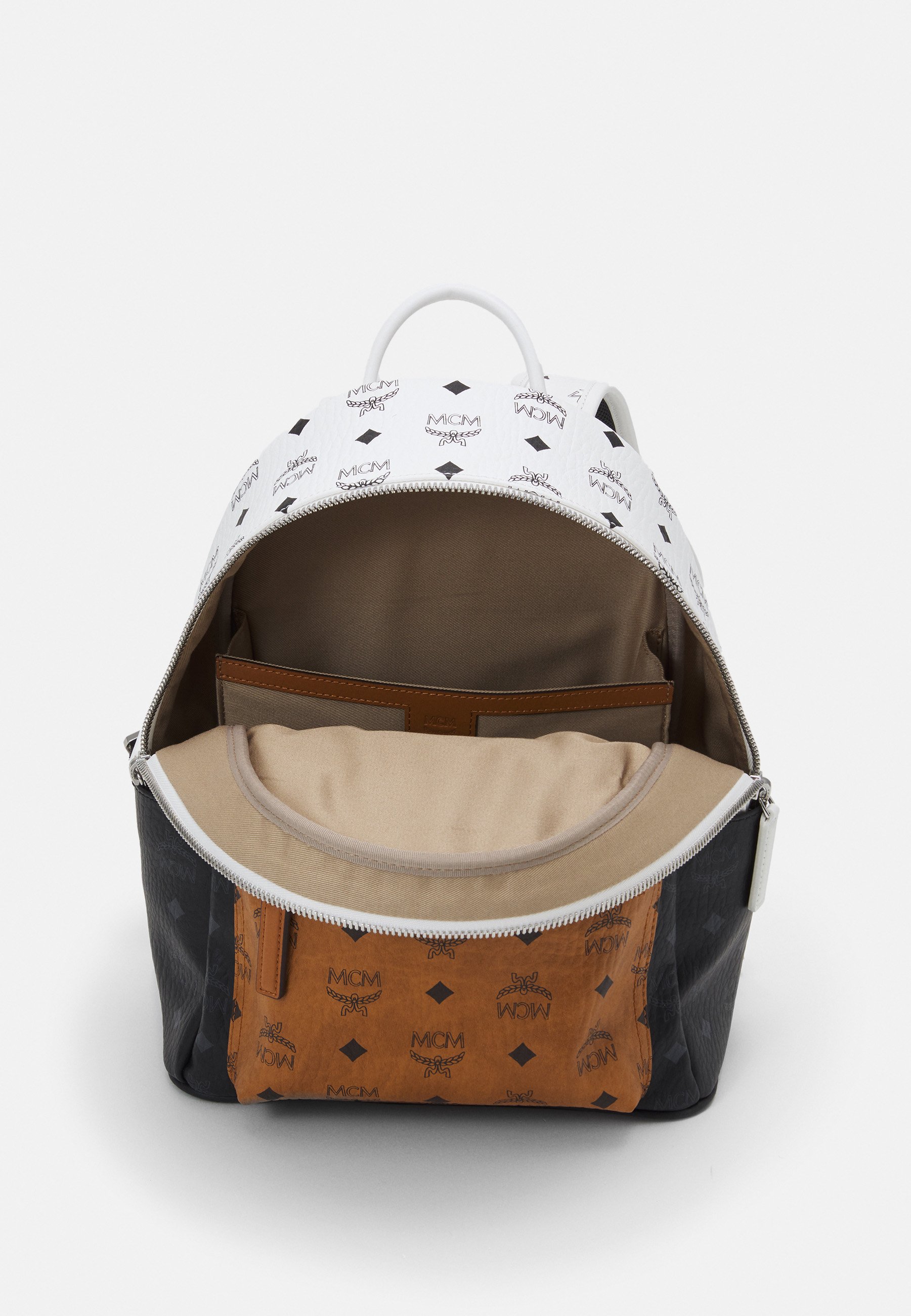 mcm black and white backpack