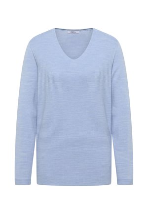Pull bleu clair à manches longues avec un col en V, fabriqué dans un tissu texturé arborant des rayures horizontales et une coupe décontractée.