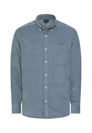 Blauw overhemd met lange mouwen, knoopsluiting, knoopkraag en borstzak op een witte achtergrond.