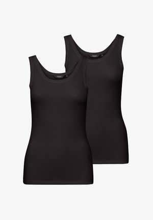 Schwarze Tanktops mit U-Ausschnitt, aus glattem Stoff, haben einen figurbetonten Schnitt und werden als Paar angeboten. Keine weiteren Details.