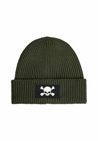Knit olive green beanie with a ribbed texture. Features a black patch displaying a white skull and crossbones design.