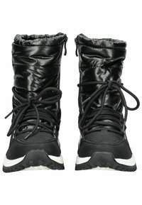 Bottes isolées noires avec une finition brillante, dotées d'une tige matelassée, d'un bout rond et de lacets noirs. Semelle blanche avec un profil texturé pour une meilleure adhérence.