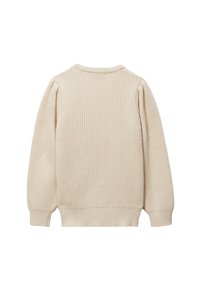 Pull en tricot couleur crème avec un motif texturé, des poignets et un ourlet côtelés. Encolure ronde et coupe décontractée. Pas de graphiques ni d'ornements visibles.