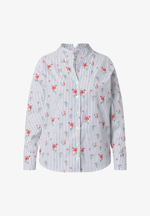 Chemisier blanc boutonné avec des rayures verticales bleu marine et un imprimé floral rouge, rose et bleu, doté d'un col montant et de manches longues.
