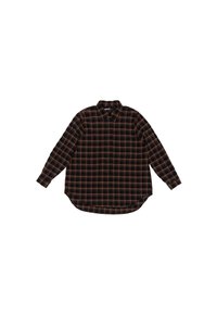 Camisa de franela de manga larga en cuadros negros y naranjas, con cuello de botón y dobladillo redondeado. Tela de algodón con un acabado texturado.