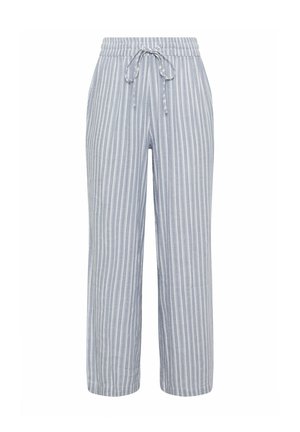Pantalon ample à rayures verticales bleu clair et blanches, avec taille élastique et cordon de serrage, longueur raccourcie et poches latérales.