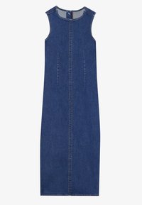 Rochie din denim fără mâneci, de culoare albastru închis, cu o croială dreaptă, cusătură verticală pe față și buzunare laterale pentru o funcționalitate suplimentară.