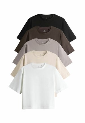 Five short-sleeve t-shirts in various colors: black, dark brown, light gray, beige, and white. Made from cotton with a regular fit design.