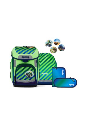 Green and blue striped backpack set including a main bag, pencil case, and additional pouch, featuring playful graphics and durable material.