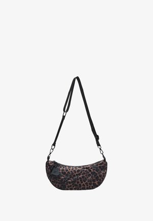Kabelka cez rameno s leopardím vzorom, obdĺžnikového tvaru, čiernym zipsom, nastaviteľným popruhom a odolnou tkaninou. Obsahuje výraznú štítkovú nálepku s logom.
