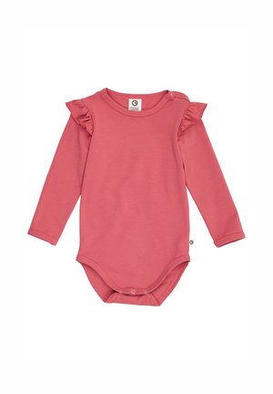 Langærmet babybody i pink med flæsedetaljer på skuldrene og trykknapper i bunden og ved halsudskæringen for nem påklædning.