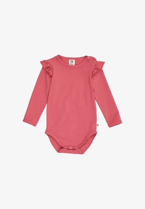 Langærmet babybody i pink med flæsedetaljer på skuldrene og trykknapper i bunden og ved halsudskæringen for nem påklædning.