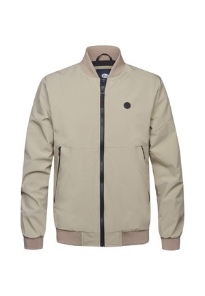 Giubbotto bomber beige chiaro realizzato in tessuto liscio. Presenta una chiusura lampo frontale, zip nera, tasche laterali e polsini a coste con un accento logo tondo.