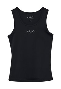 Zwarte tanktop gemaakt van gladde, rekbare stof; heeft een ronde halslijn en brede schouderbanden; "HALO" logo in zilver op de voorkant.
