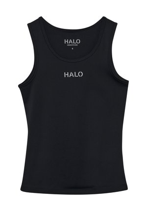 Czarny top na ramiączkach wykonany z gładkiego, elastycznego materiału; z okrągłym dekoltem i szerokimi ramiączkami; logo "HALO" w kolorze srebrnym z przodu.