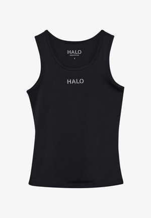 Zwarte tanktop gemaakt van gladde, rekbare stof; heeft een ronde halslijn en brede schouderbanden; "HALO" logo in zilver op de voorkant.