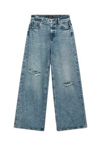 Jeans in denim blu con gamba larga e dettagli strappati, dotati di due tasche anteriori, chiusura con bottone e una finitura morbida e testurizzata.