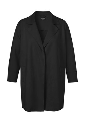 Schwarzer knielanger Mantel mit Notch-Reverskragen, langen Ärmeln und zwei Vorderentaschen, entworfen für Damen.