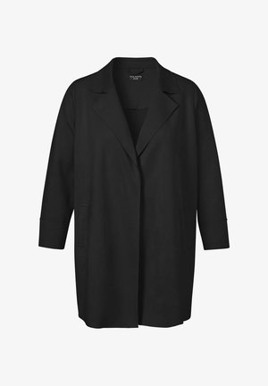 Manteau noir longueur genou avec col à revers cranté, manches longues et deux poches avant, conçu pour femmes.
