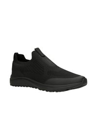 Black athletic shoes with a mesh upper, slip-on design, and textured rubber sole. Features a pull tab for easy wear.