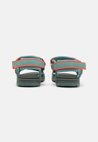 Two back view sandals with turquoise straps and orange accents. Features adjustable straps and textured black soles.