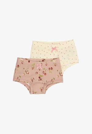 Bombažna kratka hlačka v roza barvi z motivom jagod in roza pentljo; kremne hlačke z majhnimi roza srčki, mehak material, elastičen pas.