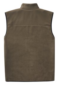 Fleecevest i olivengrøn, har en høj krave, ærmeløs design og en struktureret bagpanel med en glat front. Sort kant.